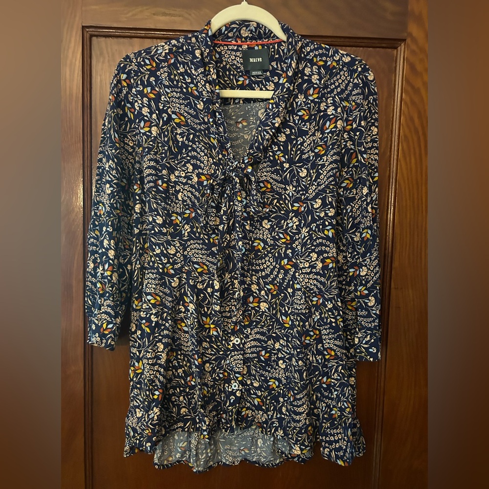 Anthropologie Maeve Rory Tie-Neck Blouse Top Navy Floral Medium